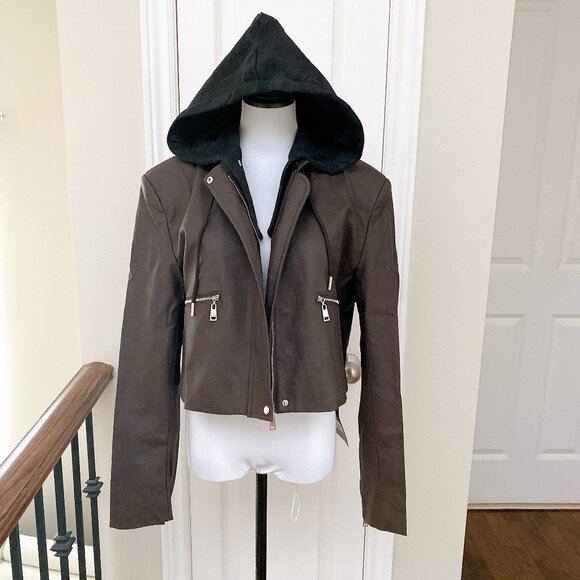 NWT Brown Faux Leather Cropped Moto Jacket with Hoodie - Picture 1 of 9